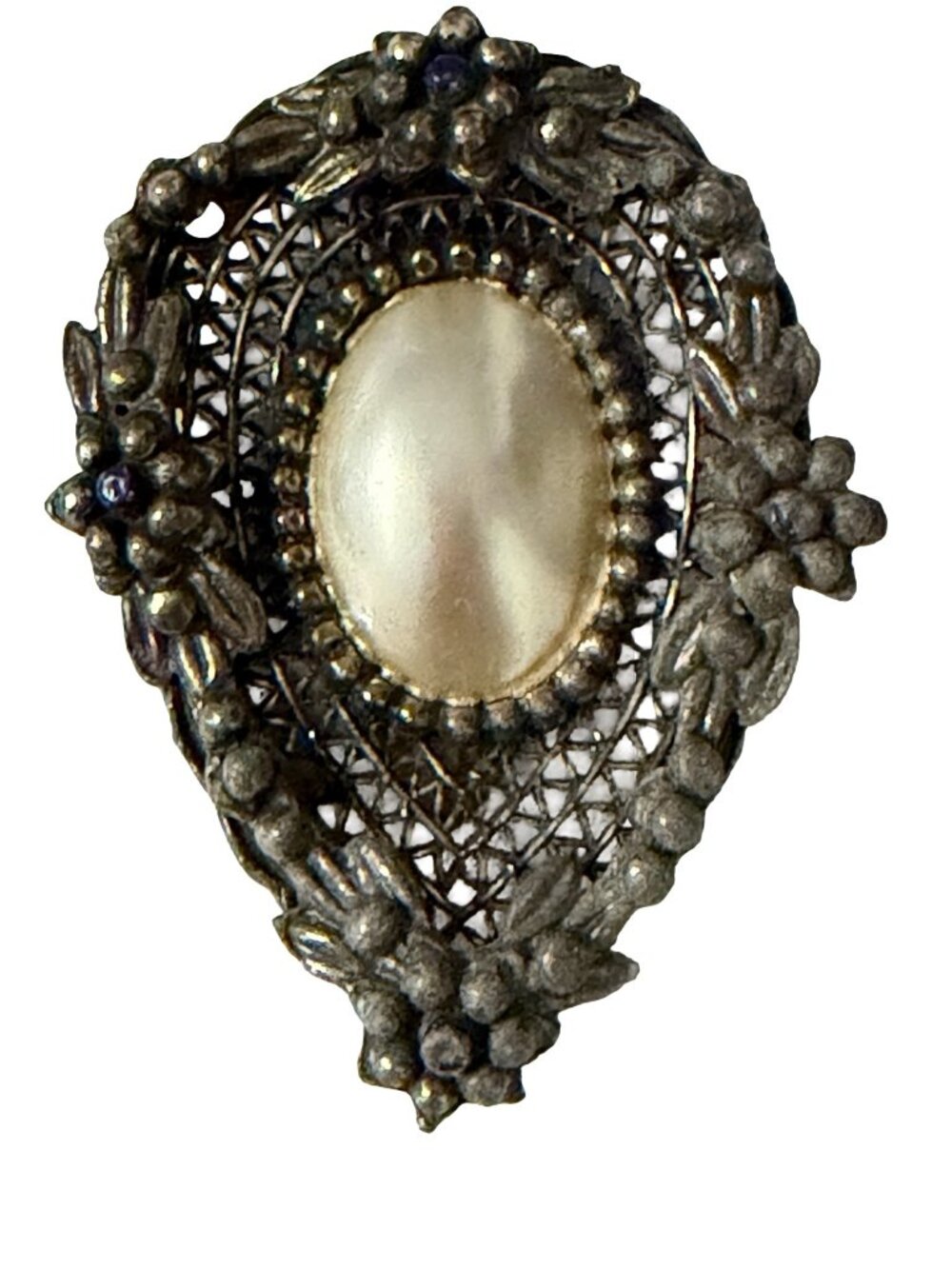 Vintage Faux Pearl Dress Clip Ornate Filigree Floral Silver Tone Sweater Clip